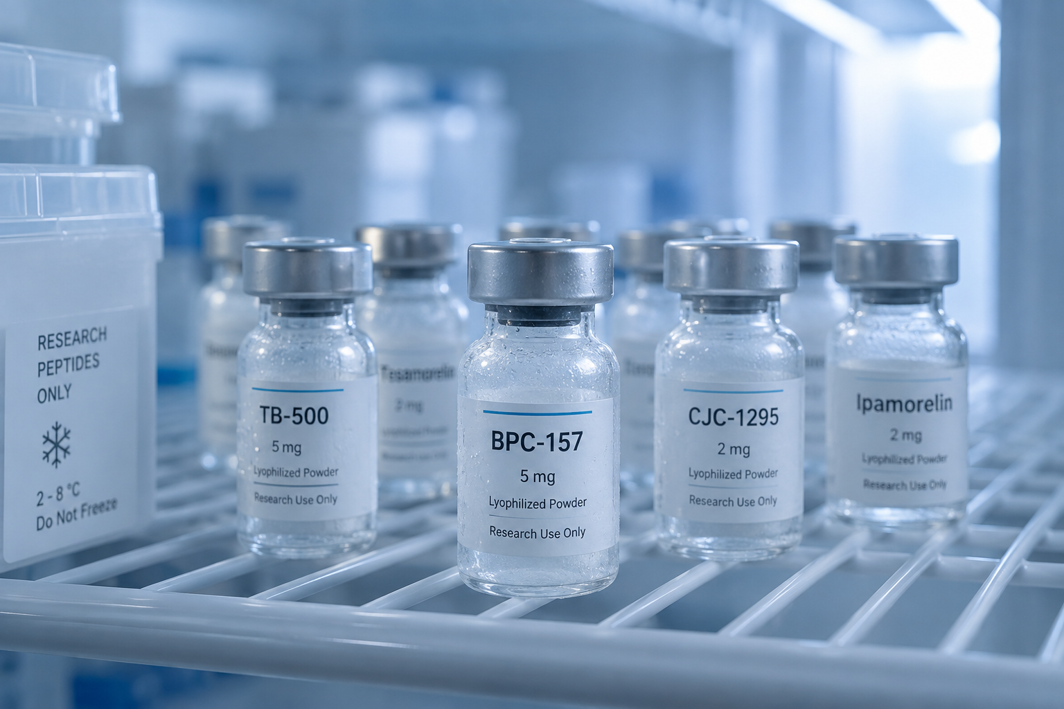 Fioles de peptides lyophilisés rangées debout sur une clayette de réfrigérateur entre 2 et 8 °C, sans congélation