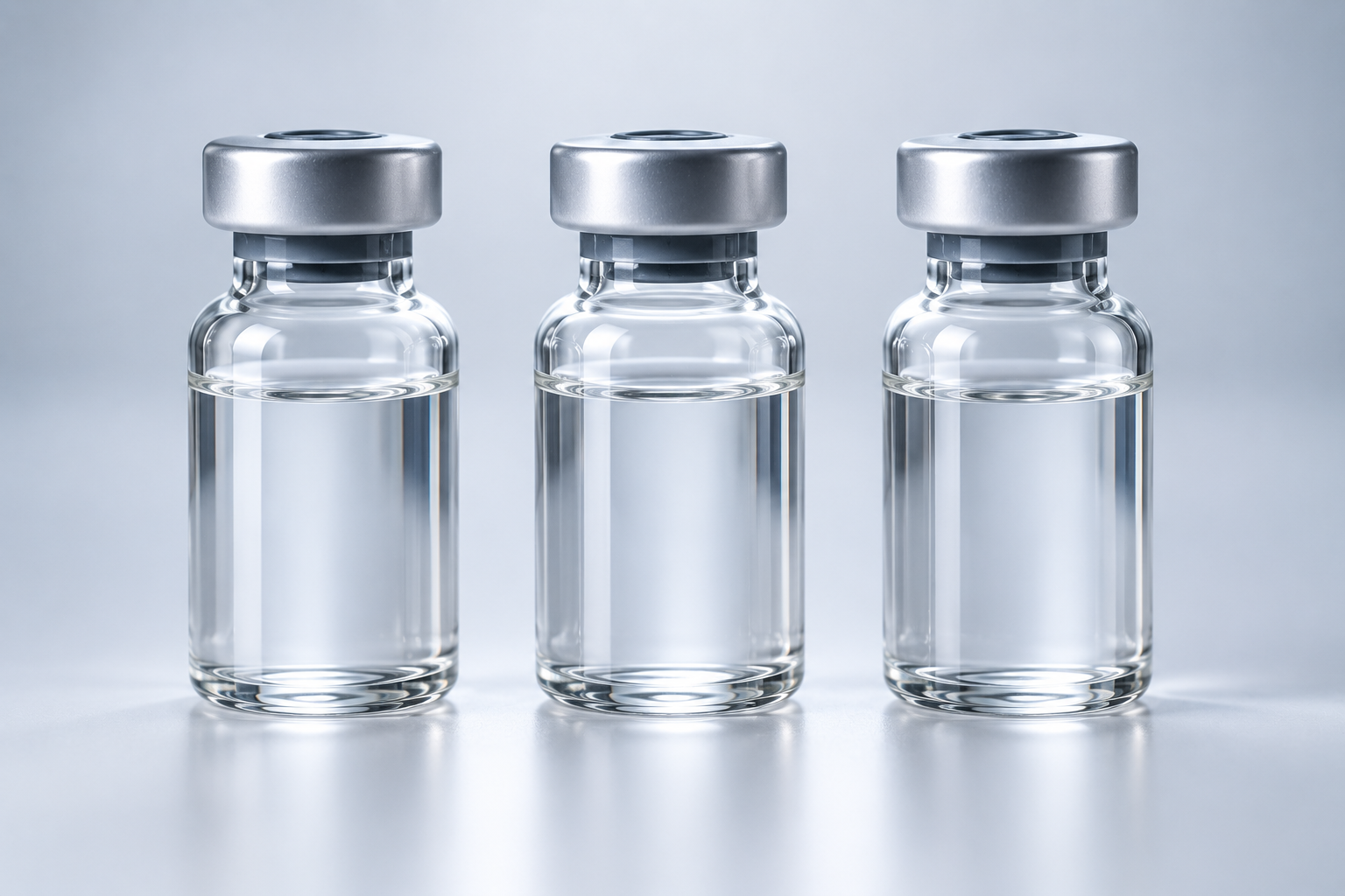 Trois fioles de verre identiques contenant une solution de peptide reconstituée, limpide et transparente