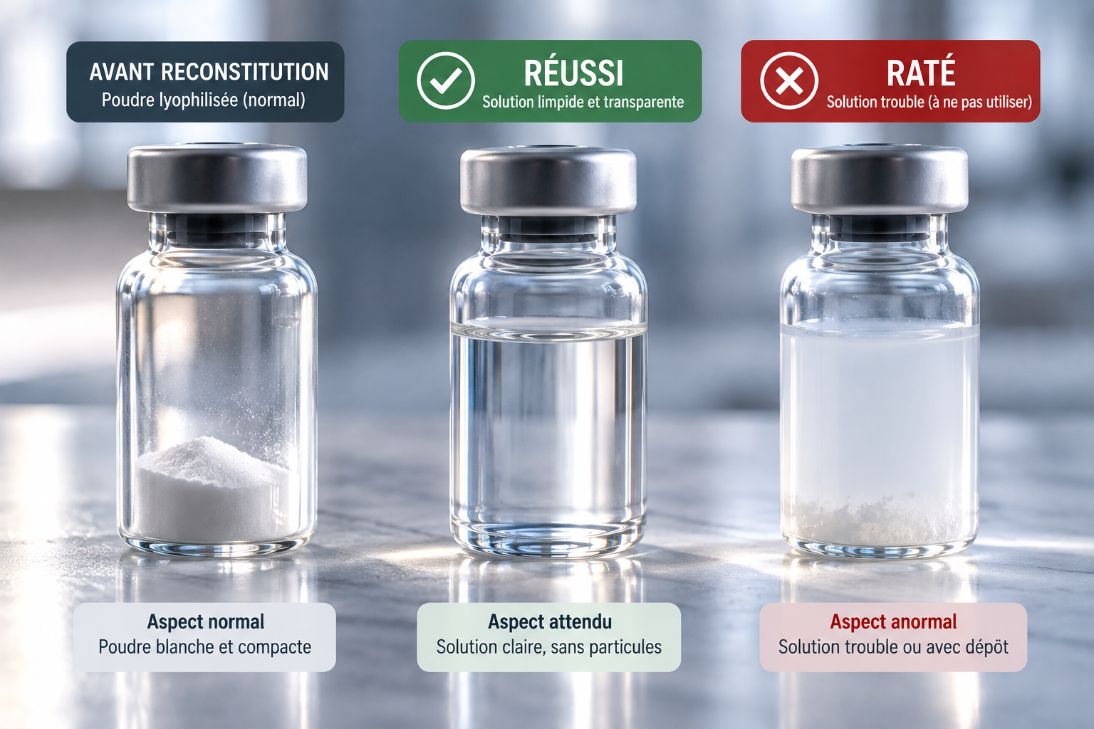 Trois fioles comparées : poudre lyophilisée avant reconstitution, solution limpide réussie, solution trouble avec dépôt à ne pas utiliser