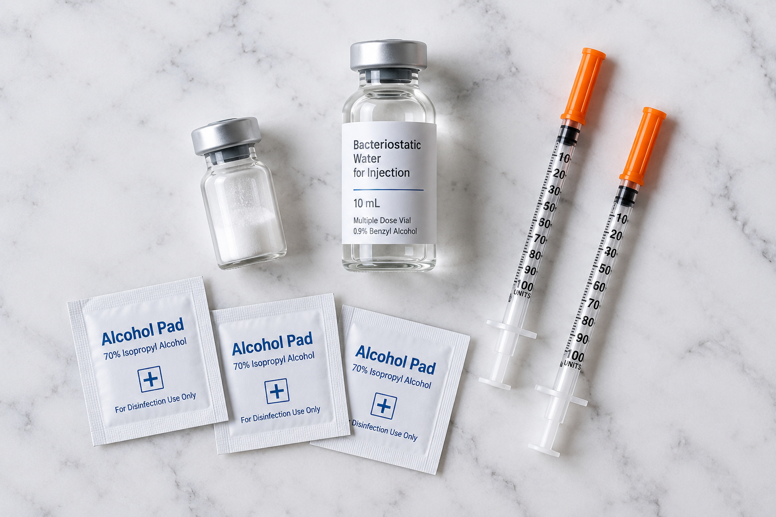 Matériel de reconstitution d'un peptide : fiole de poudre lyophilisée, flacon d'eau bactériostatique, deux seringues à insuline U-100 et tampons alcoolisés
