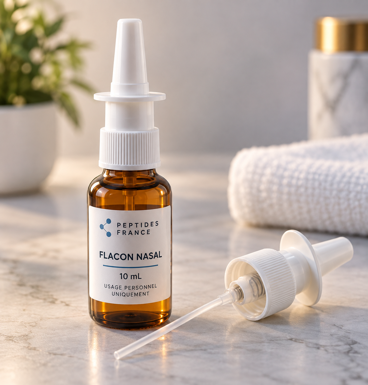Flacon pulvérisateur nasal en verre ambré de 10 ml avec sa pompe doseuse démontée montrant le tube plongeur